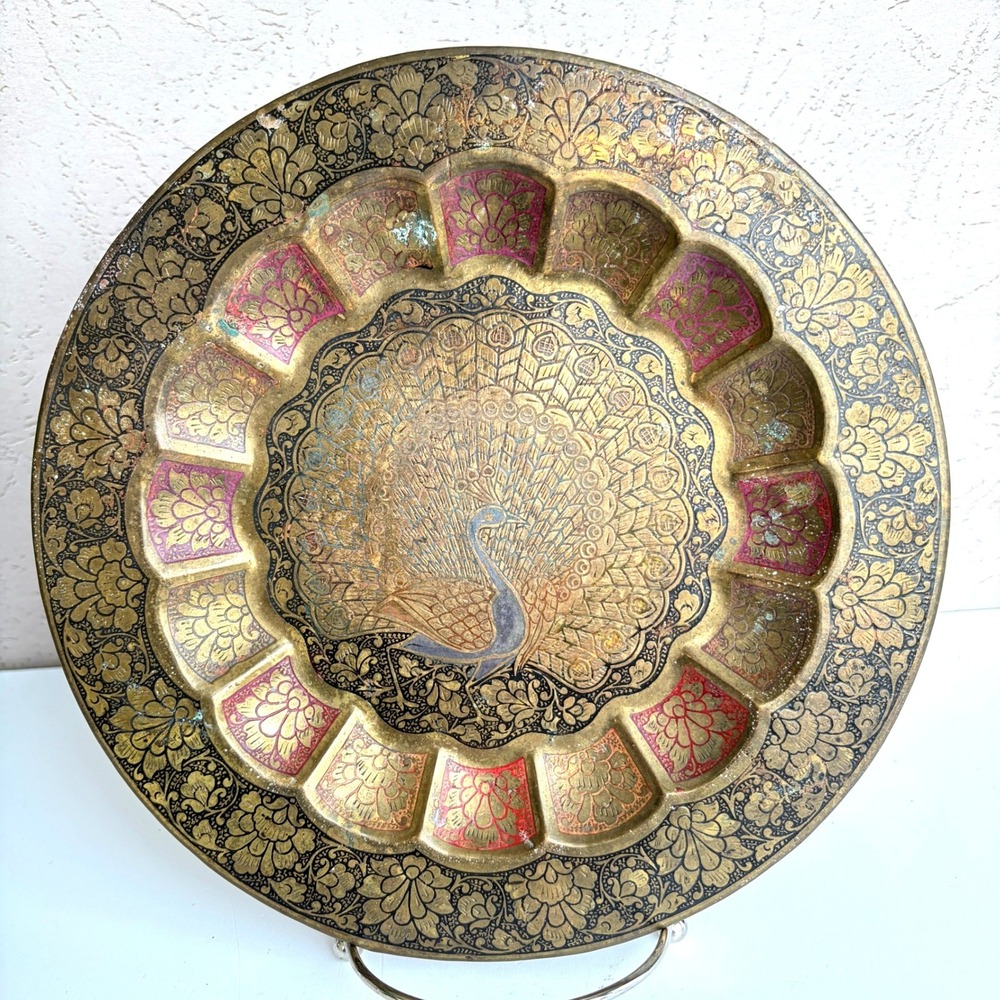 Vintage Etched Brass Peacock Wall Hanging Plate 9.75 Inch Enamel Accents